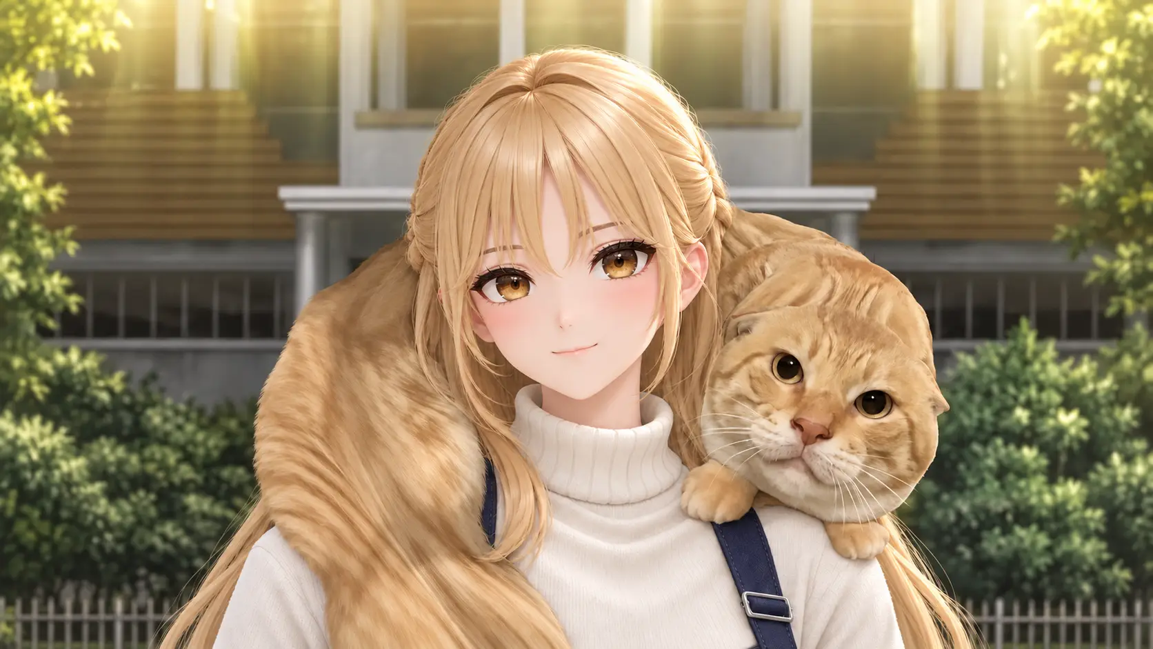 金发形象与趴在肩上的橘猫